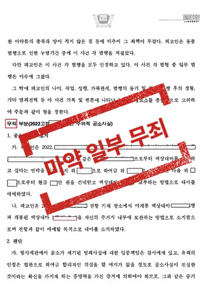 마약 매매·소지 - 일부 무죄 — 결과를 표시한 사건 기록(개인정보 가림 처리)