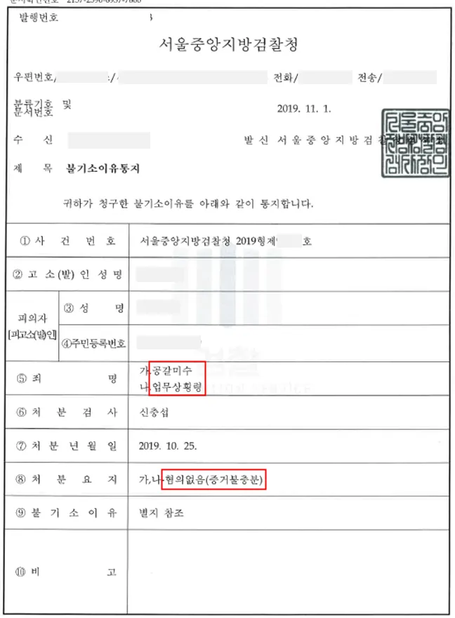 공갈미수·업무상횡령 — 혐의없음(증거불충분) — 결정문 사본(개인정보 가림 처리)