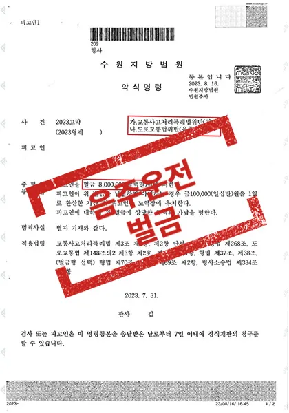교통사고처리특례법위반(치상)·도로교통법 위반(음주운전) → 벌금 800만 원 약식명령 — 결과를 표시한 사건 기록(개인정보 가림 처리)