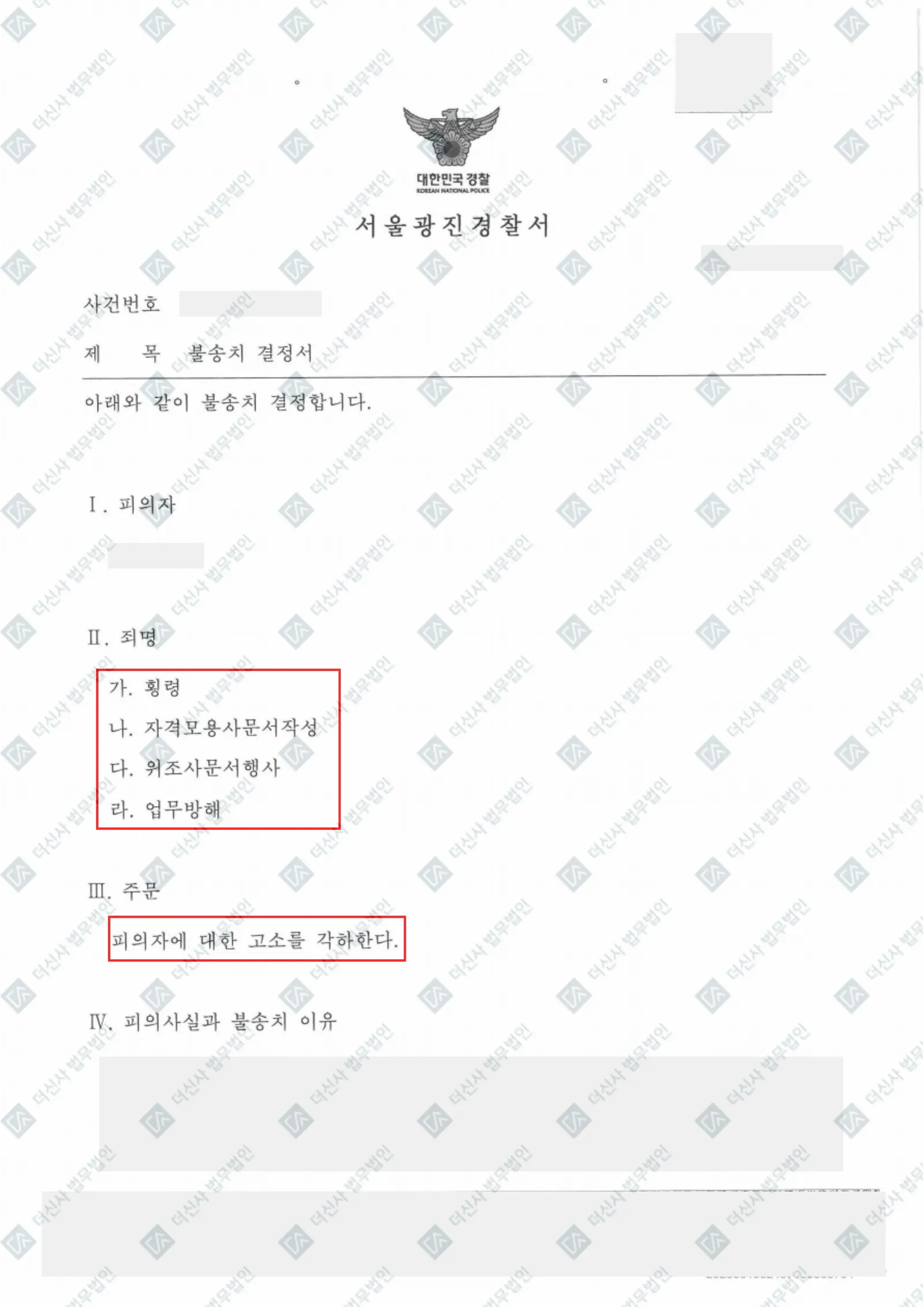 횡령·문서위조·업무방해 등 4개 혐의 피고소 전부 각하 — 결정문 사본(개인정보 가림 처리)