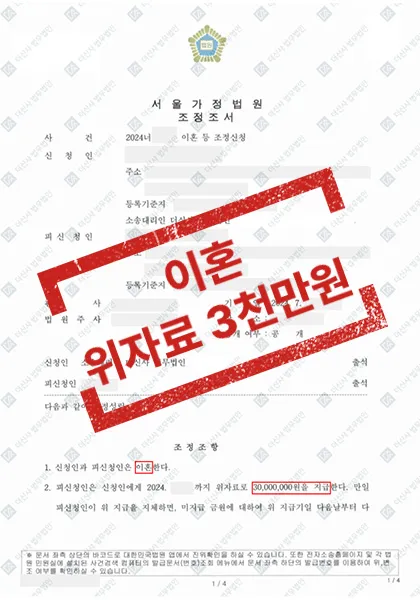 이혼조정, 상간-위자료 3,000만 원 — 결과를 표시한 사건 기록(개인정보 가림 처리)