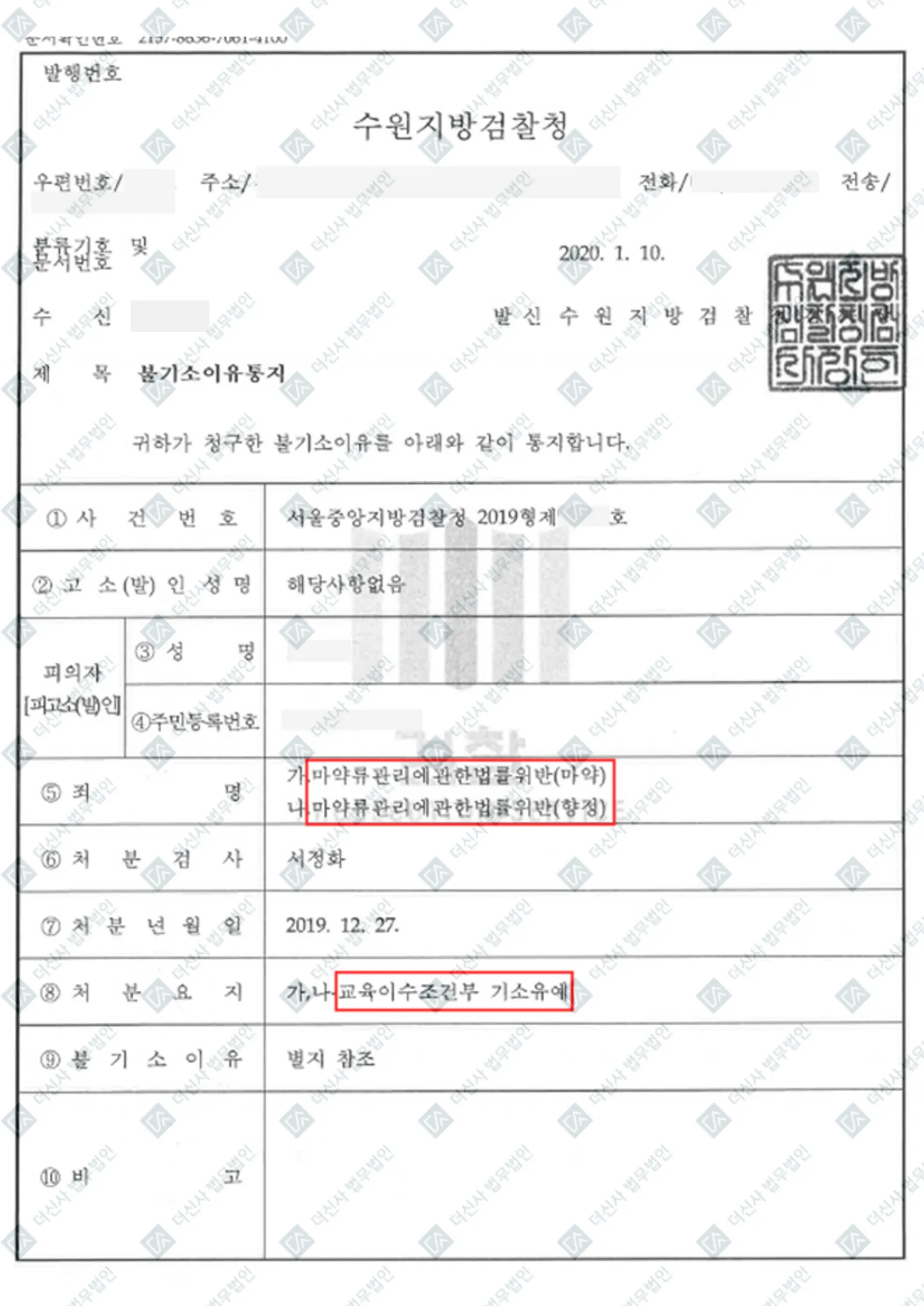 마약류관리법 위반(마약·향정)-교육이수조건부 기소유예 — 결정문 사본(개인정보 가림 처리)