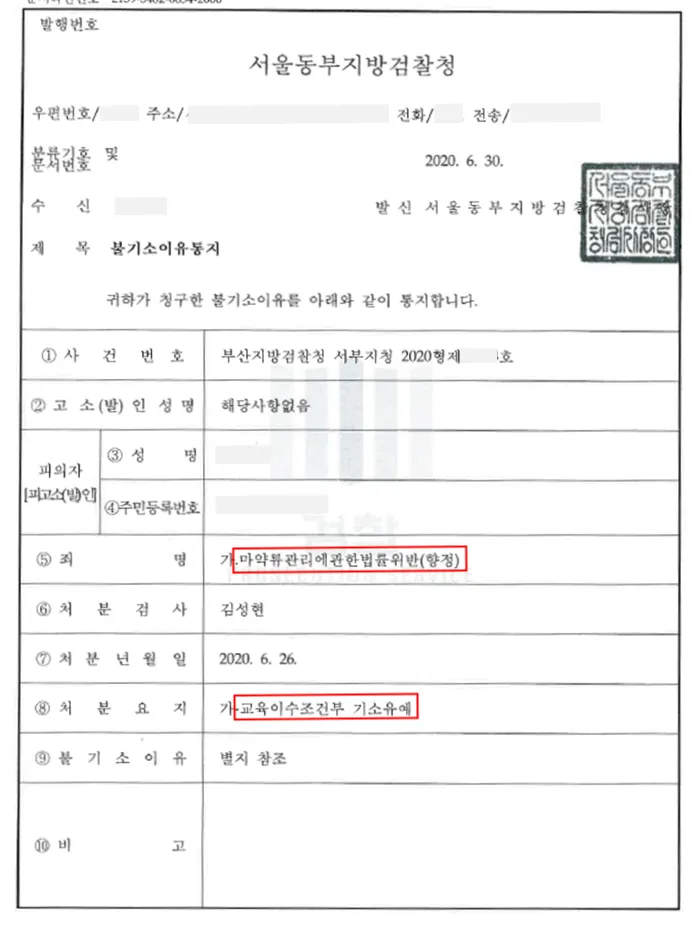 마약류관리법위반(향정)-교육이수조건부 기소유예 — 결정문 사본(개인정보 가림 처리)