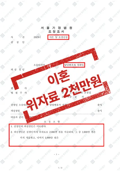 이혼조정-위자료 2,000만 원 — 결과를 표시한 사건 기록(개인정보 가림 처리)