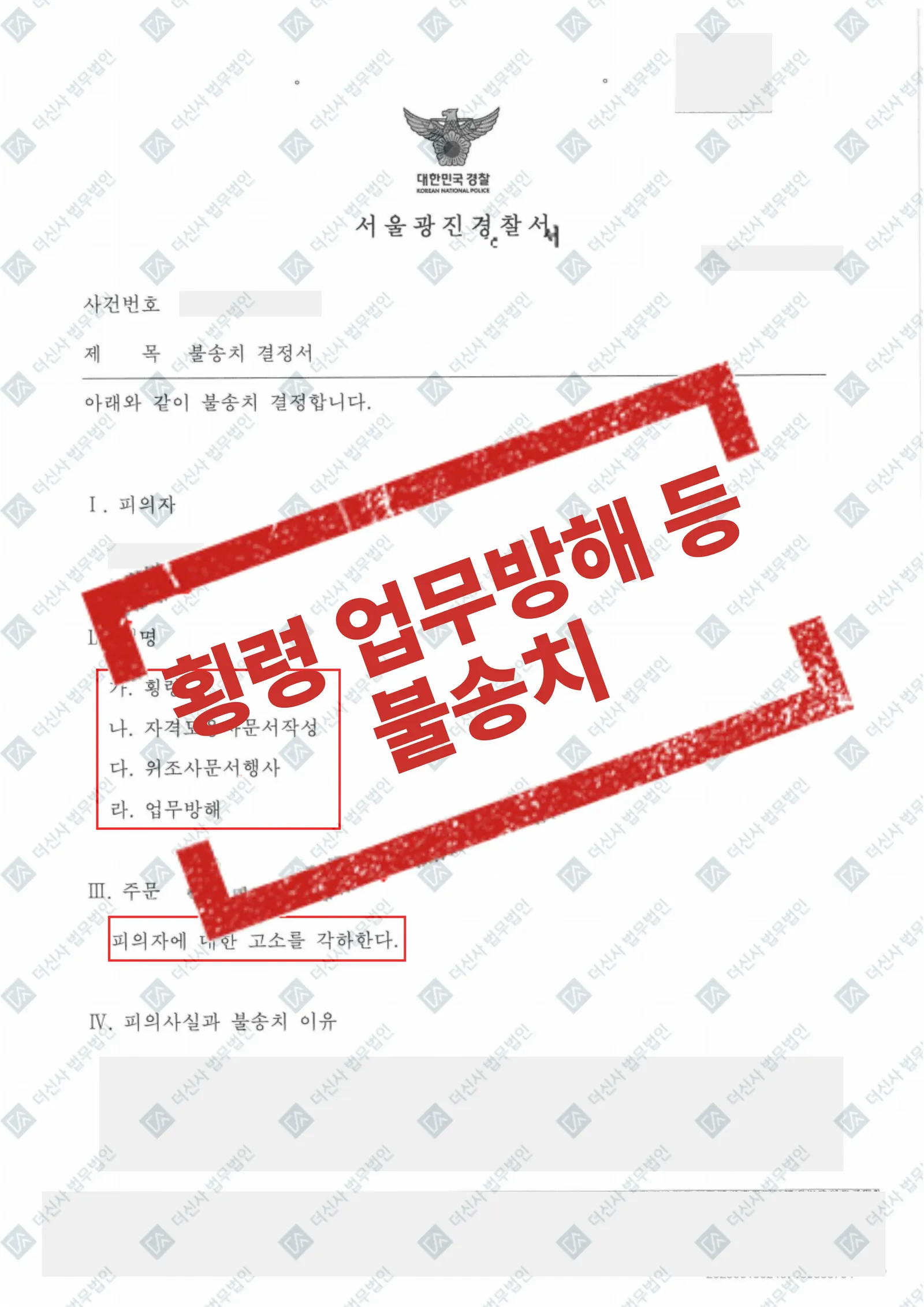 횡령·문서위조·업무방해 등 4개 혐의 피고소 전부 각하 — 결과를 표시한 사건 기록(개인정보 가림 처리)