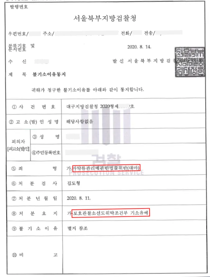 마약류관리법위반(대마)-보호관찰소선도위탁조건부 기소유예 — 결정문 사본(개인정보 가림 처리)