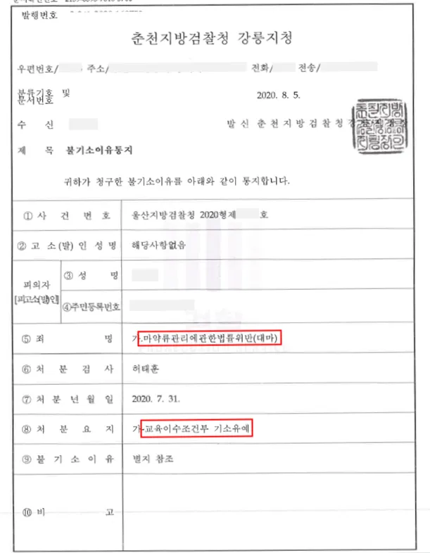 마약류관리법위반(대마)-교육이수조건부 기소유예 — 결정문 사본(개인정보 가림 처리)