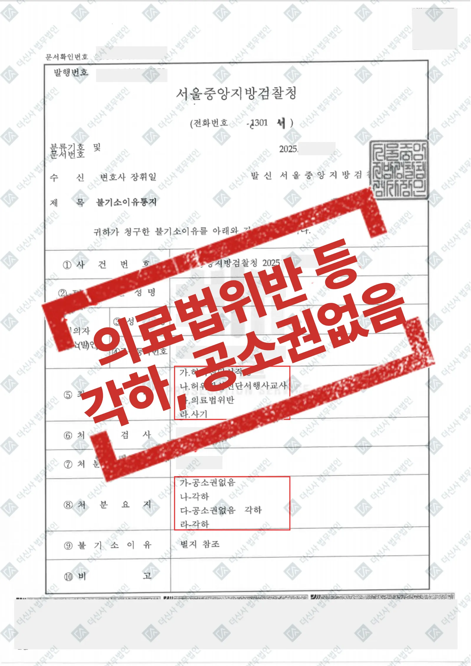 허위진단서 작성·사기 등 4개 혐의, 검찰 단계에서 전 혐의 공소권없음·각하 — 결과를 표시한 사건 기록(개인정보 가림 처리)