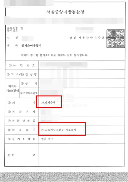 강제추행 — 교육이수조건부 기소유예 — 결정문 사본(개인정보 가림 처리)