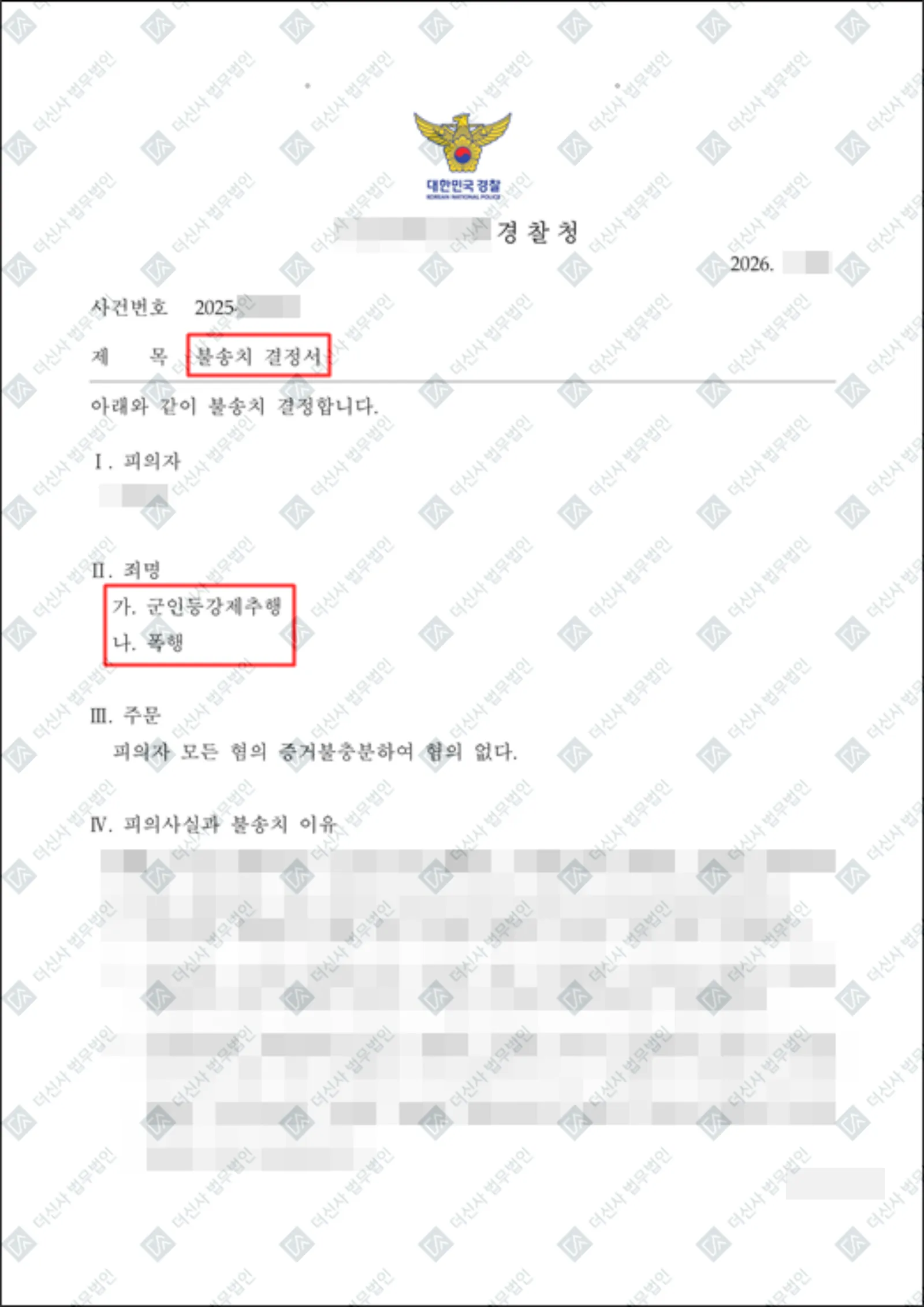 군인등강제추행, 폭행 - 불송치(혐의없음) — 결정문 사본(개인정보 가림 처리)