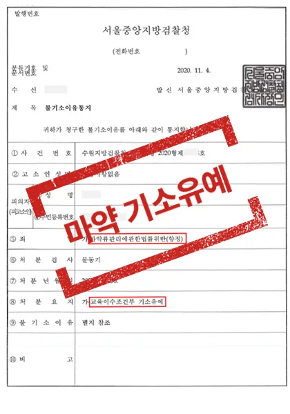 마약류관리법위반(향정)-교육이수조건부 기소유예 — 결과를 표시한 사건 기록(개인정보 가림 처리)