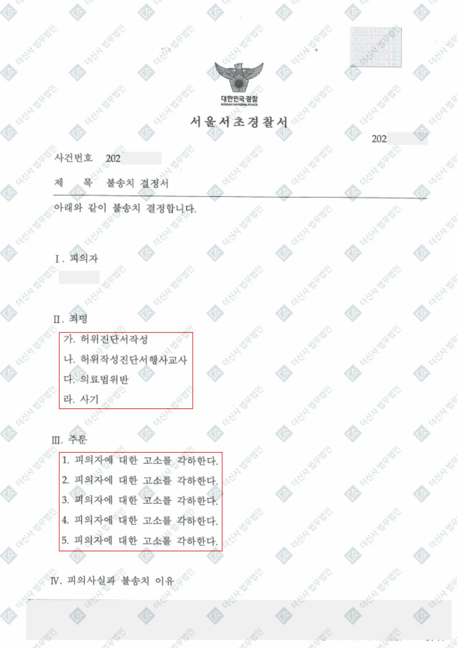 [의료법위반] 허위진단서작성, 허위작성진단서행사교사, 의료법위반, 사기 - 고소각하 — 결과를 표시한 사건 기록(개인정보 가림 처리)