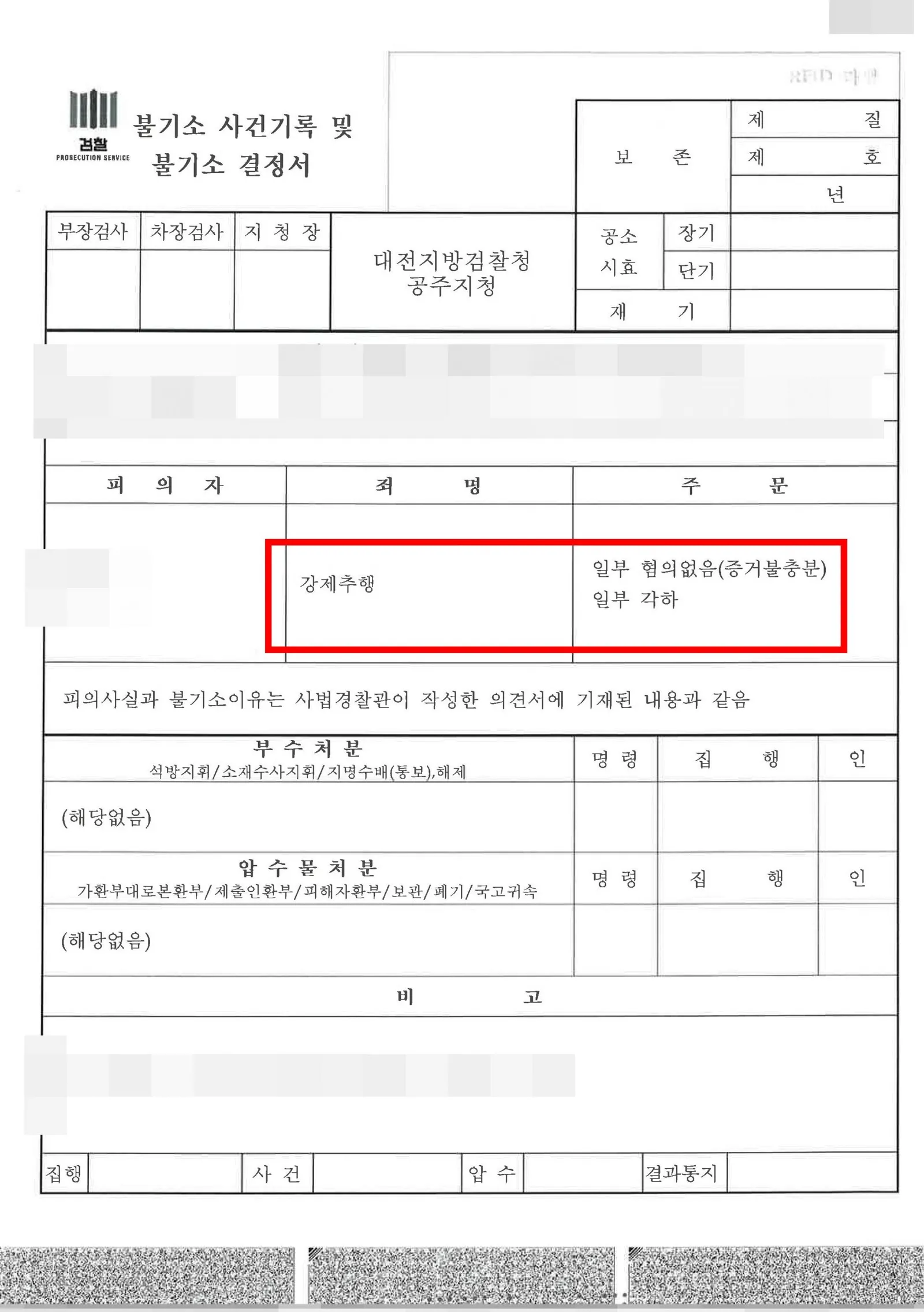 강제추행 — 일부 혐의없음(증거불충분), 일부 각하 — 결정문 사본(개인정보 가림 처리)