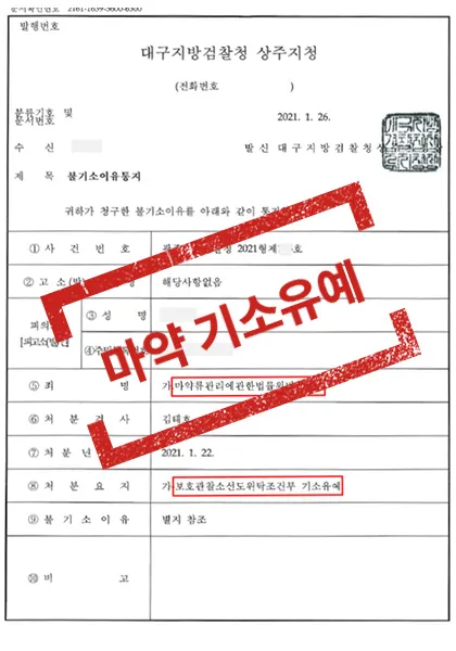 마약류관리법위반(향정) - 보호관찰소선도위탁조건부 기소유예 — 결과를 표시한 사건 기록(개인정보 가림 처리)
