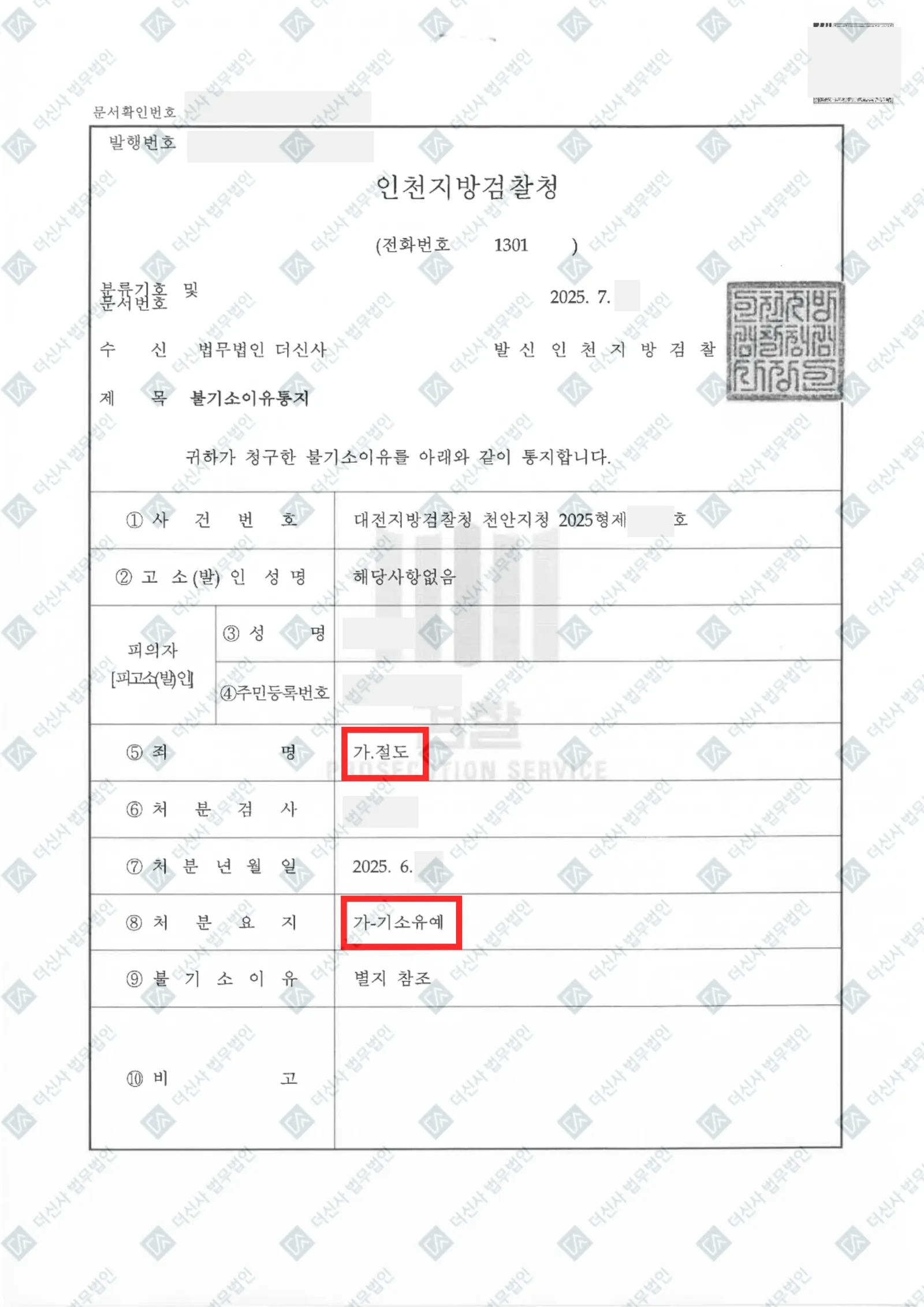 절도 - 기소유예 — 결정문 사본(개인정보 가림 처리)