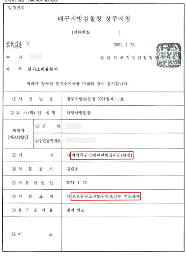 마약류관리법위반(향정) - 보호관찰소선도위탁조건부 기소유예 — 결정문 사본(개인정보 가림 처리)