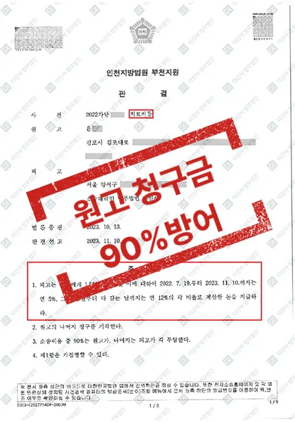 교통사고 손해배상 — 청구액 90% 감액 방어 성공 — 결과를 표시한 사건 기록(개인정보 가림 처리)