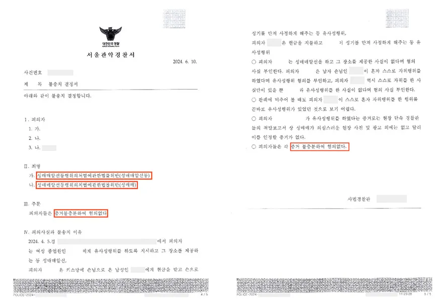 성매매알선등행위처벌법 위반(성매매알선·성매매)-불송치(혐의없음) — 결정문 사본(개인정보 가림 처리)