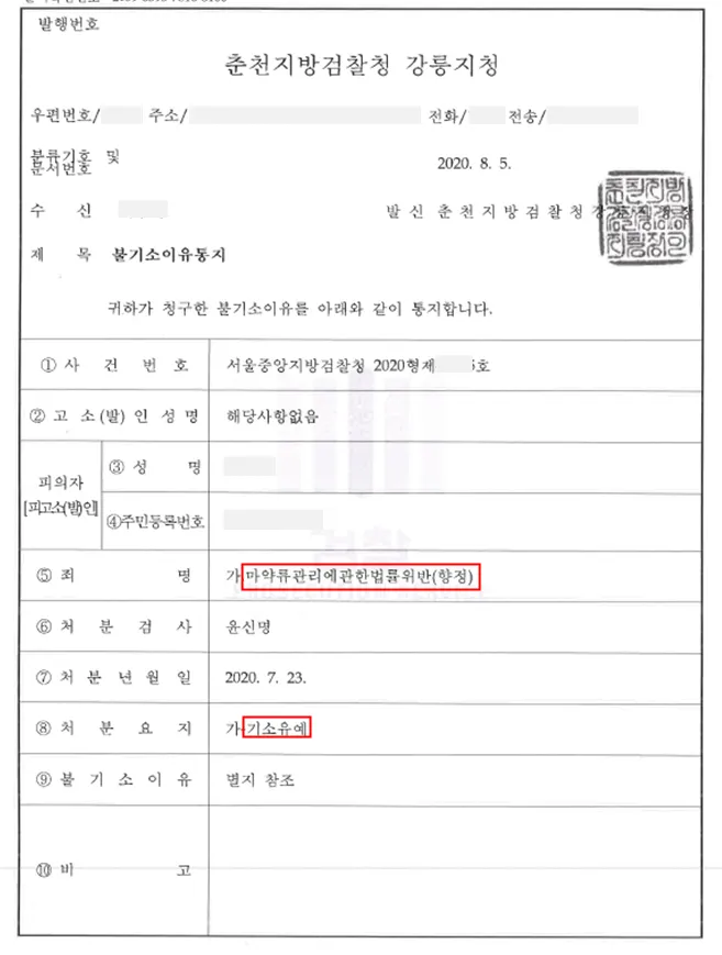 마약류관리법위반(향정)-기소유예 — 결정문 사본(개인정보 가림 처리)